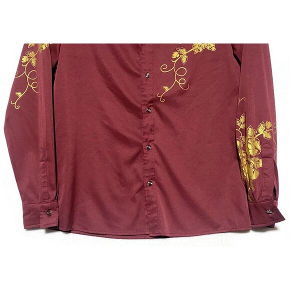 Zeroyaa Embroidered Shirt Men's Small Burgundy Red Snap Buttons Long Sleeve - Picture 7 of 9